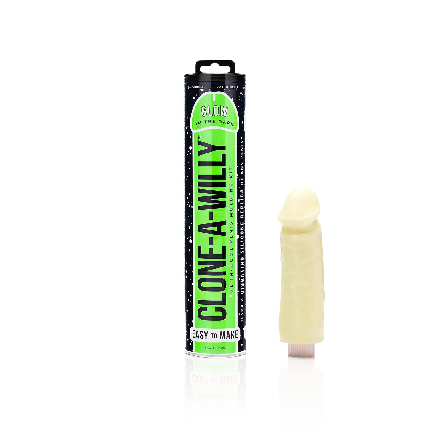 Clone-A-Willy Glow in the Dark Green kit with components laid out