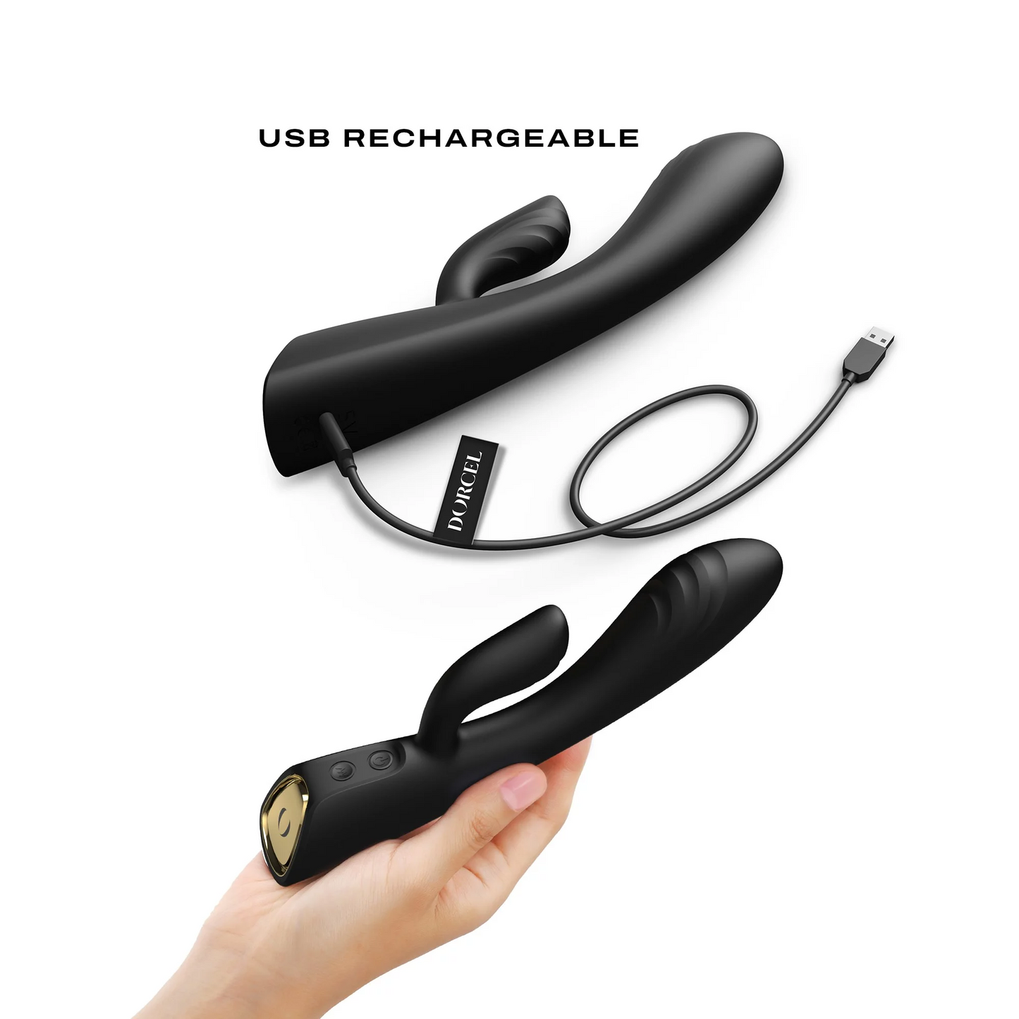 Dorcel Flexi Rabbit Warming Vibrator shown bent to emphasize flexibility