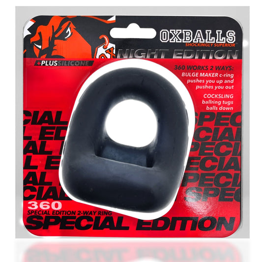 A black Oxballs 360 2-Way Special Edition cock ring with packaging. The packaging highlights the product's dual functionality as a cock ring and a bulge enhancer.