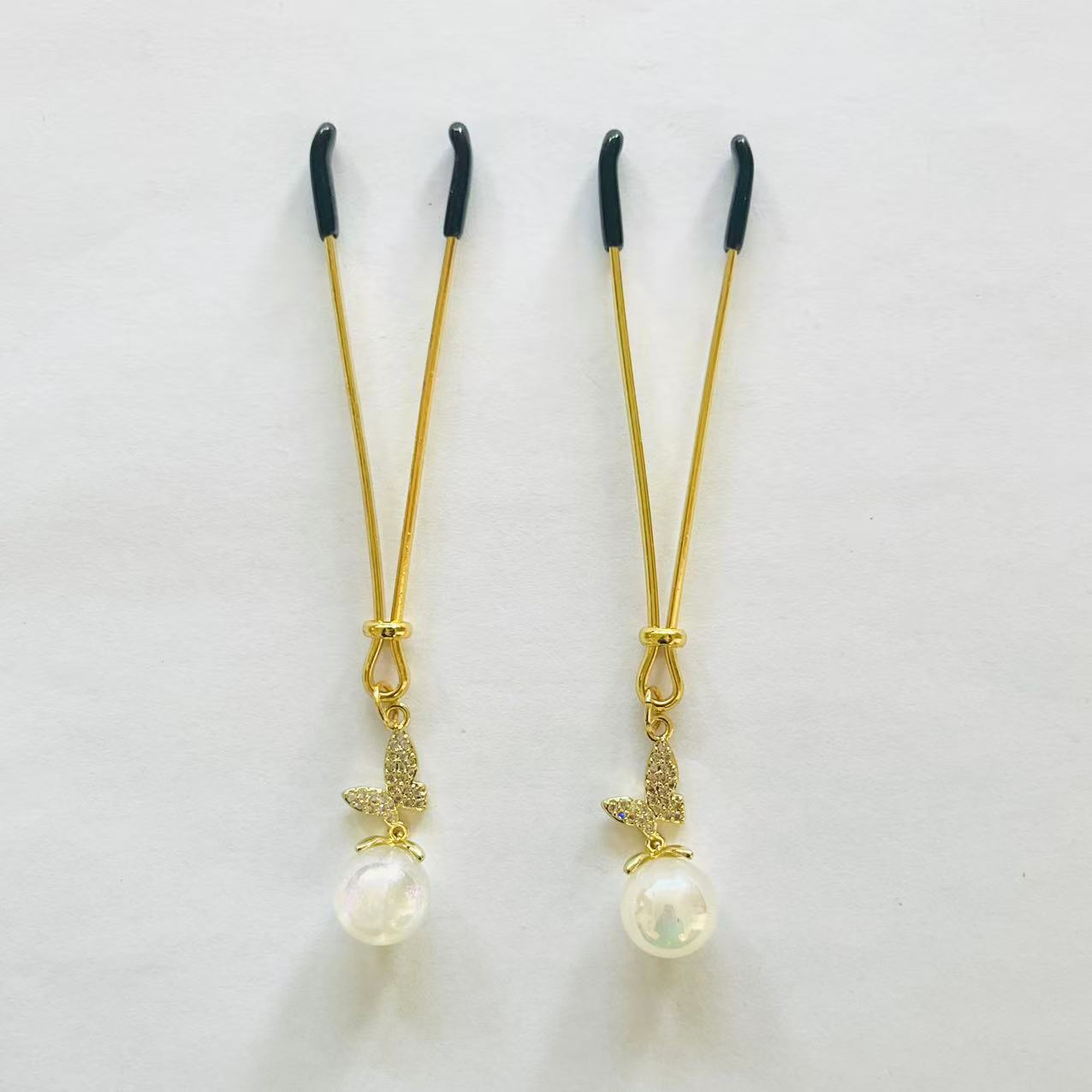 Gold nipple clamps with pearl drop and butterfly charm – PurpleNight.ca