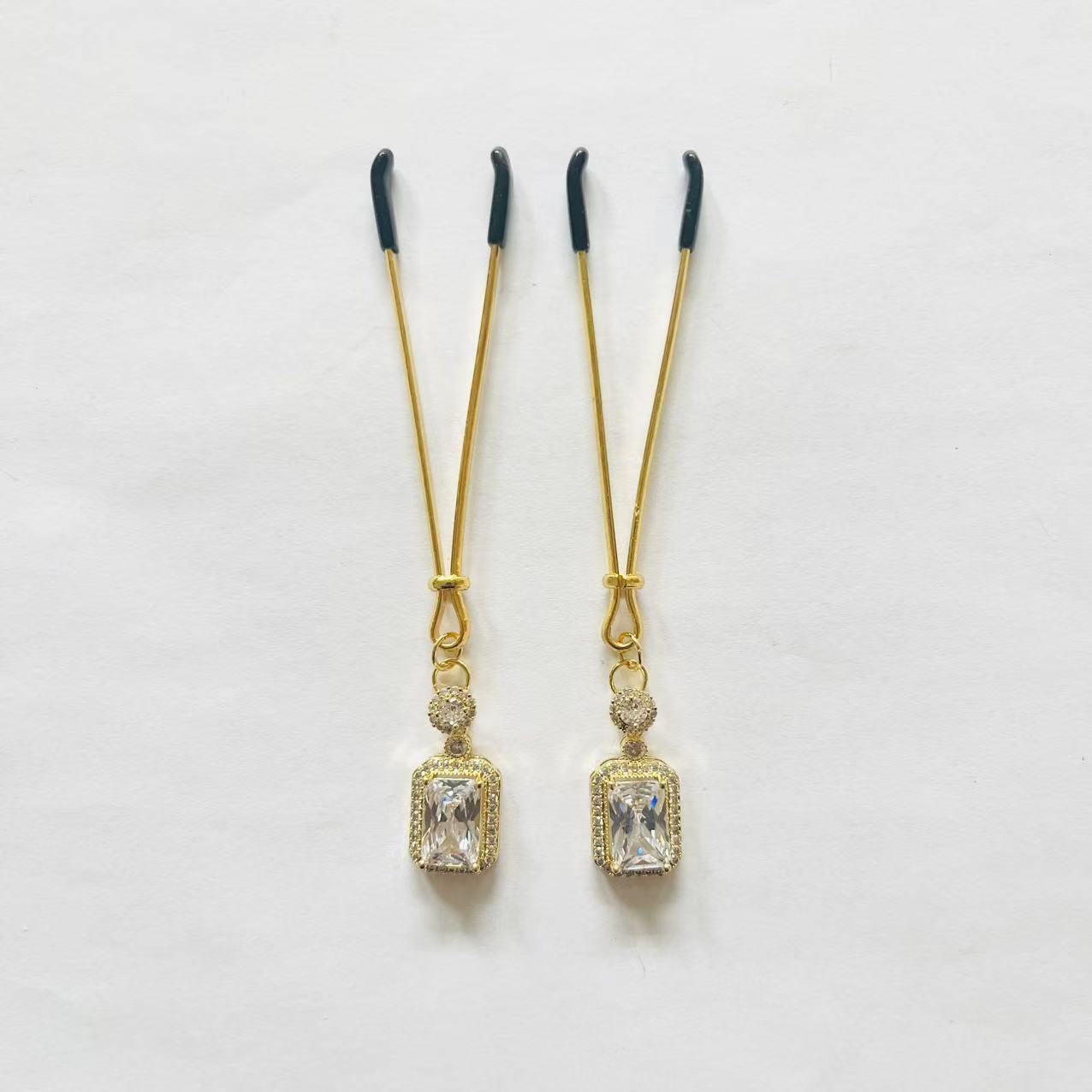 Gold nipple clamps with rectangular clear gem and crystal accent – PurpleNight.ca