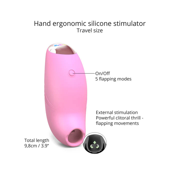 A small, ergonomically designed clitoral stimulator in blush pink, featuring a flapping silicone membrane and LED-lit button.