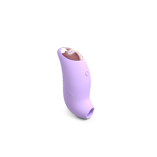 A small, ergonomically designed clitoral stimulator in blush pink, featuring a flapping silicone membrane and LED-lit button.