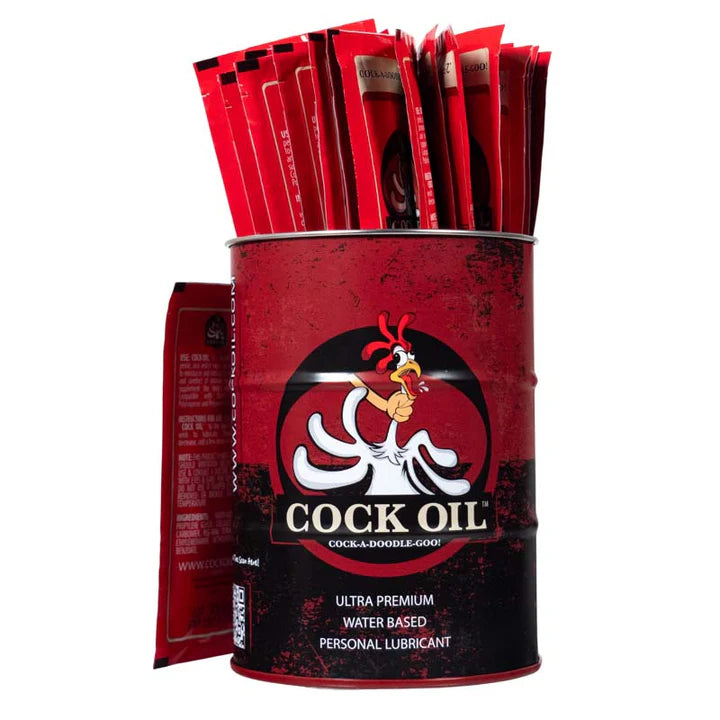 Collector’s Edition Cock Oil branded drum with 25 foil packets of water-based lubricant