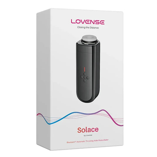 The product image shows the Lovense Solace Thrusting Male Masturbator in its packaging. The box is predominantly white with a depiction of the black device on the front.