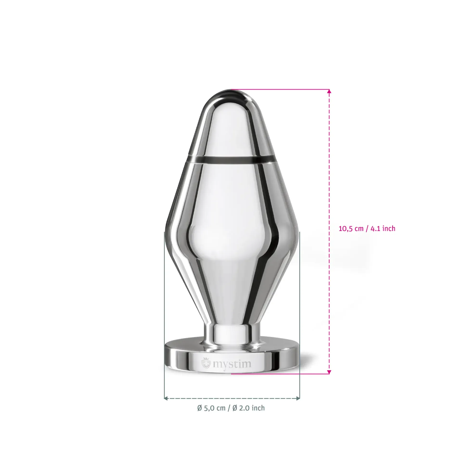 Mystim John Butt Plug Size L in polished aluminum finish, E-Stim compatible anal toy