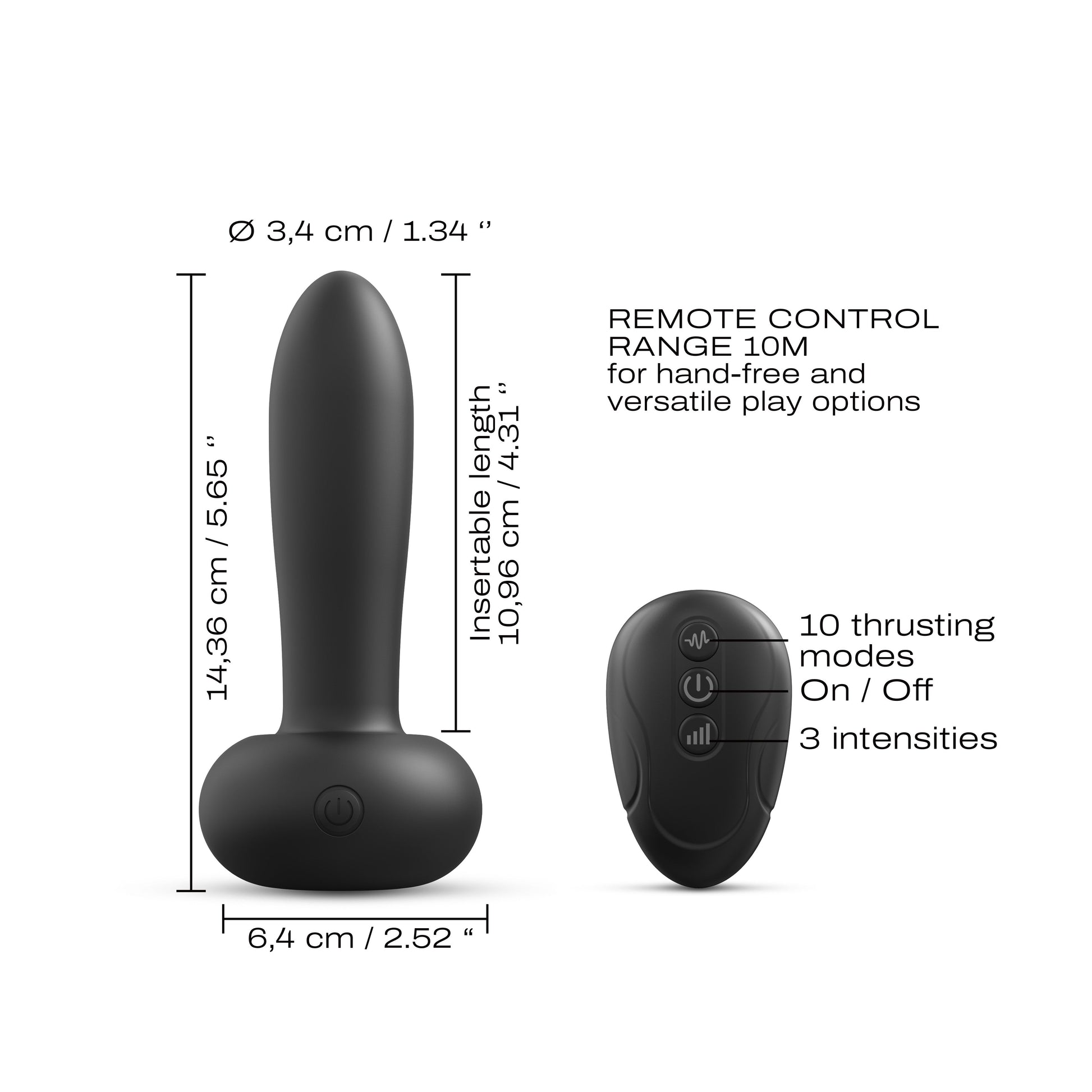 Dorcel Deep Thrust Vibrator with remote, angled to show curved tip and base