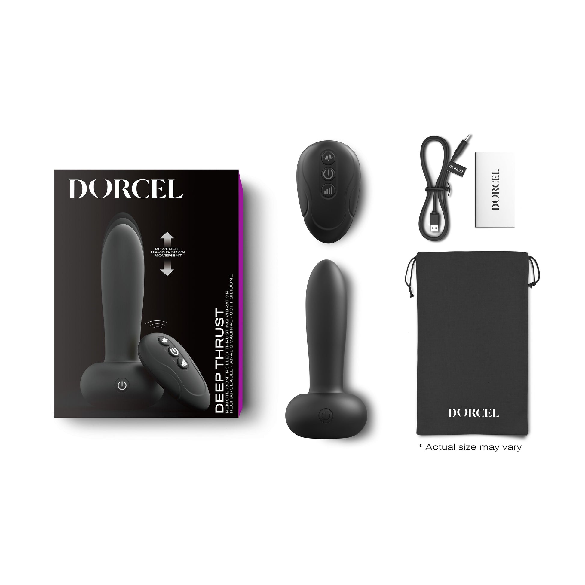 Dorcel Deep Thrust Vibrator with remote, angled to show curved tip and base
