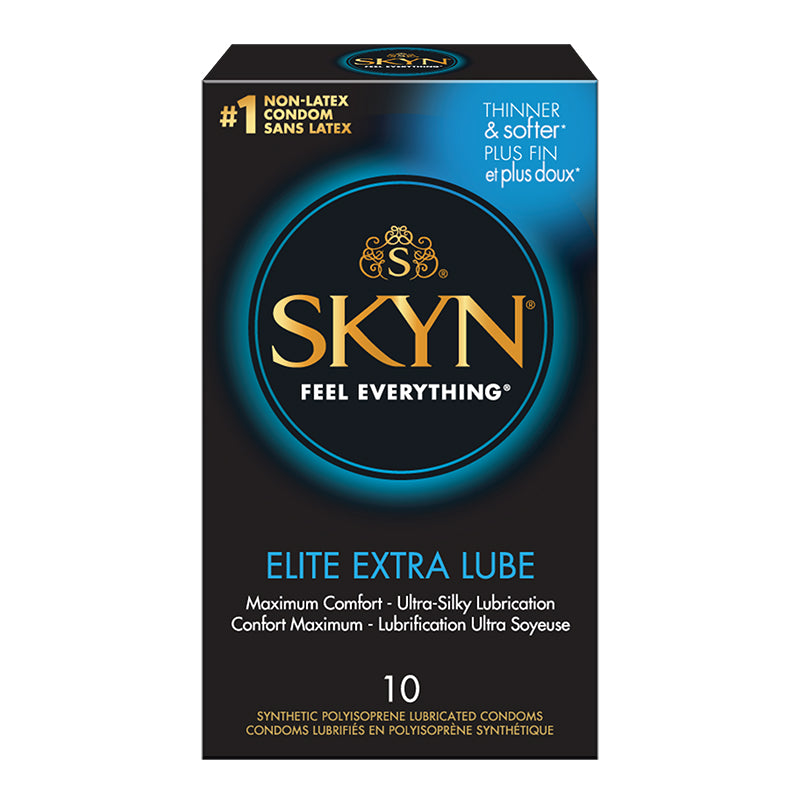 Packaging for Lifestyles SKYN Elite Extra Lube Condoms, showing a box with the product name and features such as 'Maximum Comfort', 'Ultra-Silky Lubrication', and '10 Condoms'.