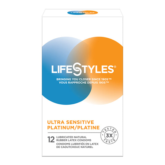 Packaging of Lifestyles Ultra Sensitive Platinum Condoms, 12 pack with a blue and orange design, highlighting the thinness and sensitivity features.