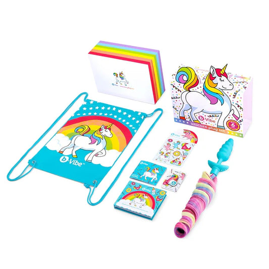 b-Vibe Unicorn Plug Set – Vibrating anal plug with rainbow tail, backpack, stickers, and enamel pin