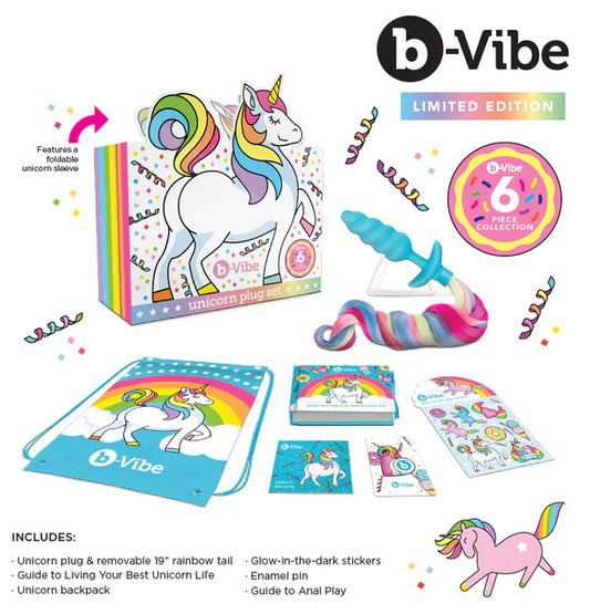 b-Vibe Unicorn Plug Set – Vibrating anal plug with rainbow tail, backpack, stickers, and enamel pin