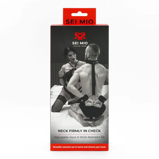 SEI MIO Neck Firmly in Check Kit – black adjustable collar with wrist restraints and strap, beginner-friendly bondage gear