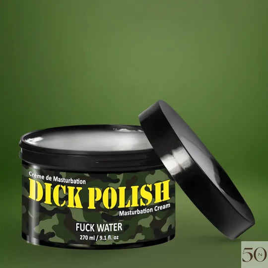 Dick Polish Masturbation Cream – Camouflage-themed 270 ml jar with bold yellow logo, by FuckWater