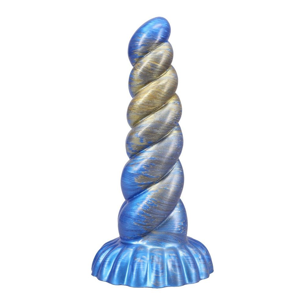 Outer Rim blue and gold ribbed silicone fantasy dildo with rounded tip and suction base