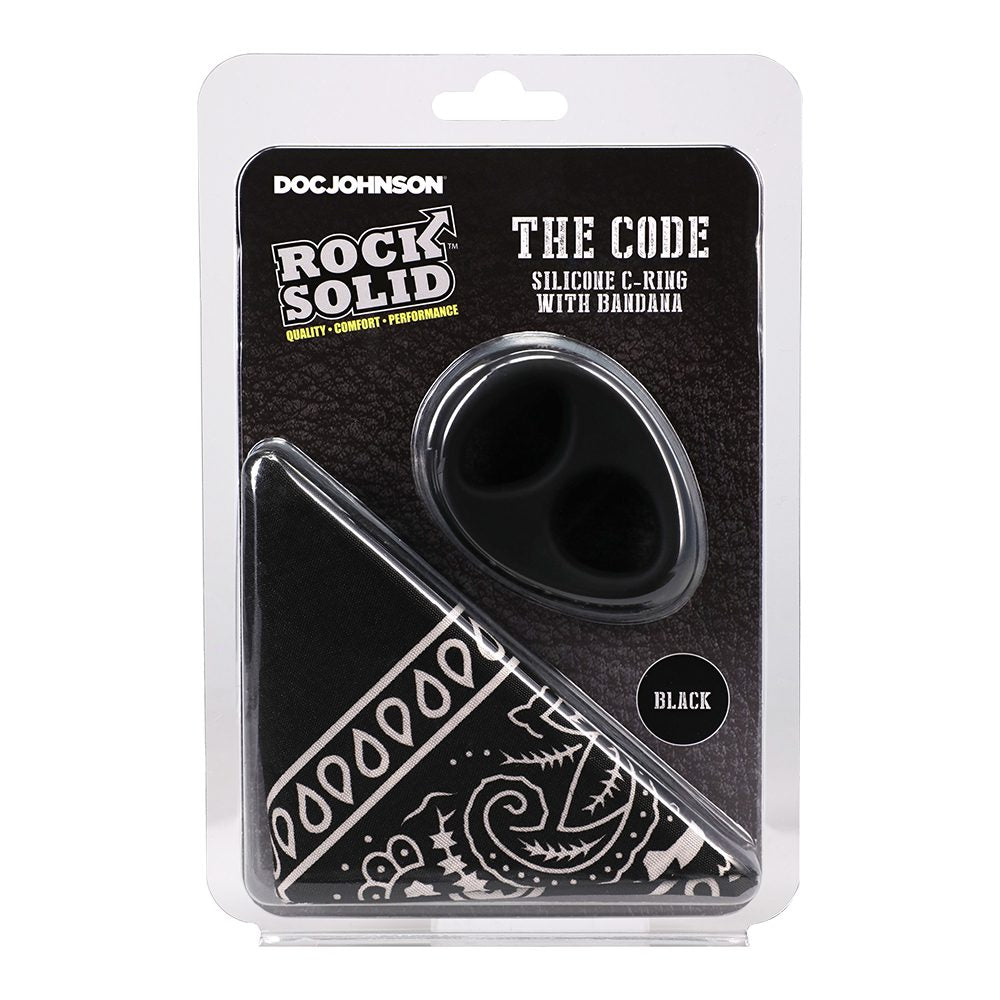 Doc Johnson Rock Solid The Code silicone C-ring packaging with bandana design on a white background