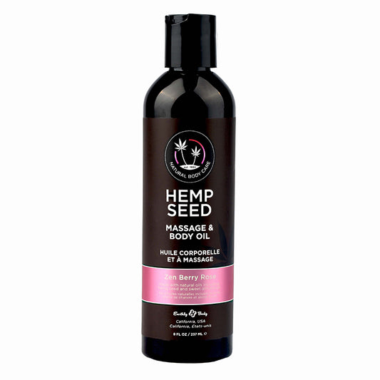 A bottle of Earthly Body Zen Berry Rose Hemp Seed Massage Oil