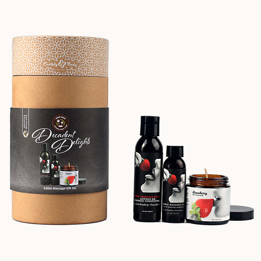 A set of edible massage products with strawberry flavor, including a candle, lotion, and oil, packaged in a box with a strawberry design on the lid.