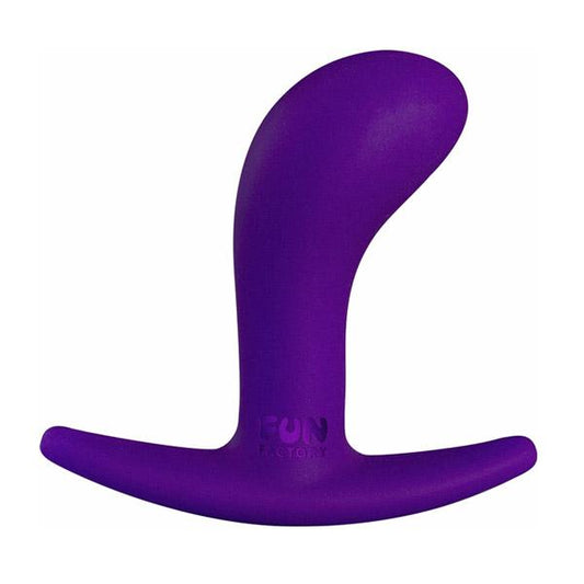 A small, curved, violet-colored anal plug with a flexible base, branded with the name 'Fun Factory'.