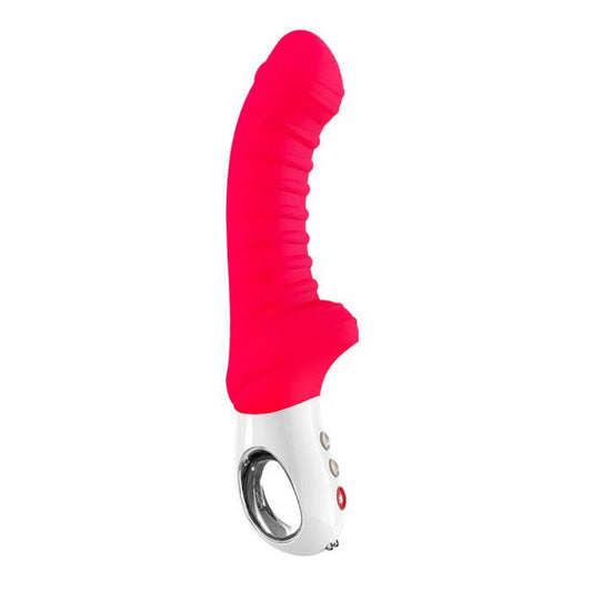 A red, curved vibrator with a loop handle and a flexible shaft. The handle has an ergonomic design for easy grip.