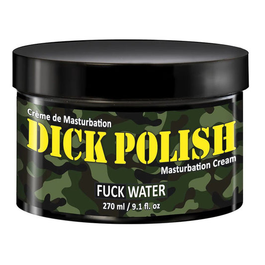 Dick Polish Masturbation Cream – Camouflage-themed 270 ml jar with bold yellow logo, by FuckWater