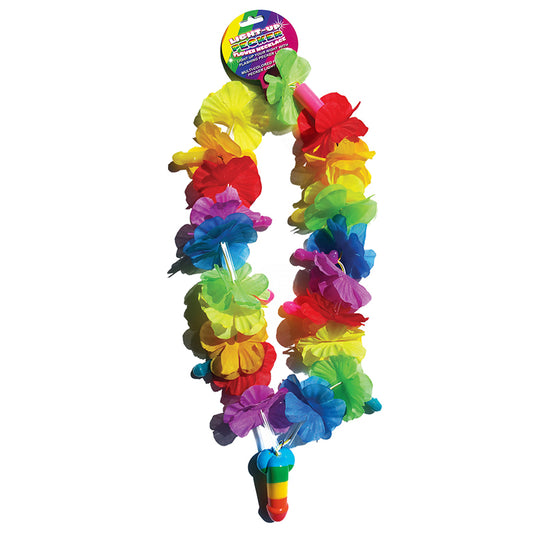 A colorful light-up lei featuring vibrant rainbow stripes and multi-colored flashing lights, packaged with a label that reads 'Rainbow Party Lei'.