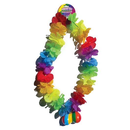 A rainbow-colored light-up lei featuring multiple strands and a plastic pendant in the shape of a ball at the bottom.