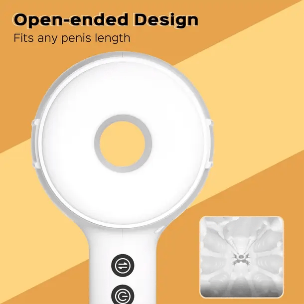 Honey Play Box Faye Open-ended Thrusting Male Masturbator with 7 vibration patterns and 4 thrusting modes for customizable pleasure.