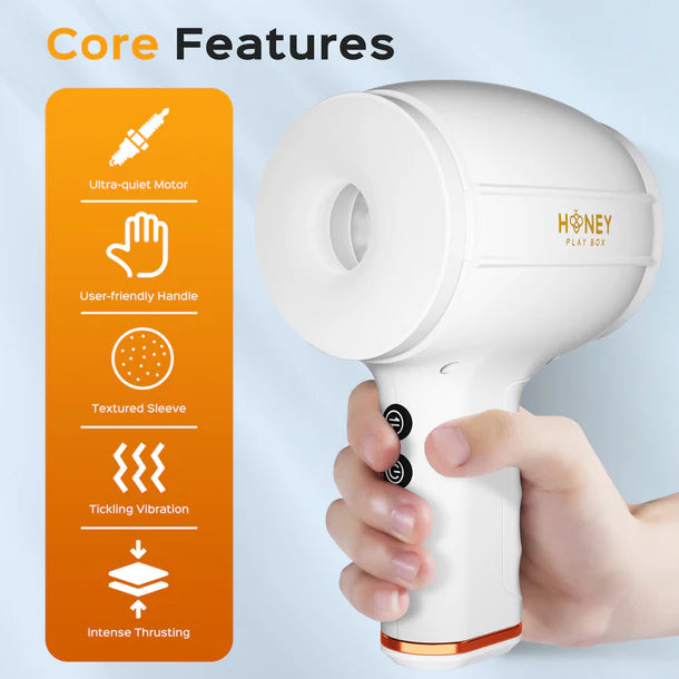 Honey Play Box Faye Open-ended Thrusting Male Masturbator with 7 vibration patterns and 4 thrusting modes for customizable pleasure.