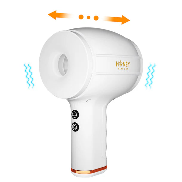 Honey Play Box Faye Open-ended Thrusting Male Masturbator with 7 vibration patterns and 4 thrusting modes for customizable pleasure.