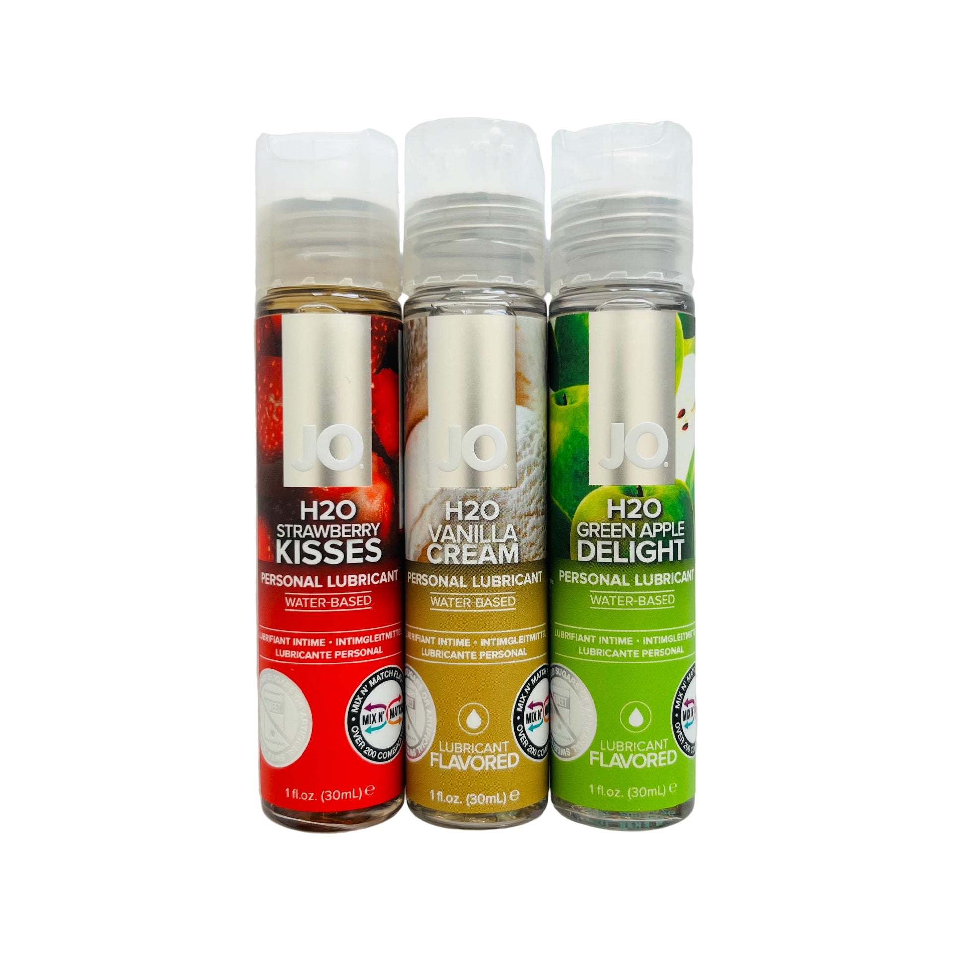 Three bottles of JO H2O water-based flavored lubricant in different flavors: Strawberry Kisses, Vanilla Cream, and Green Apple Delight.
