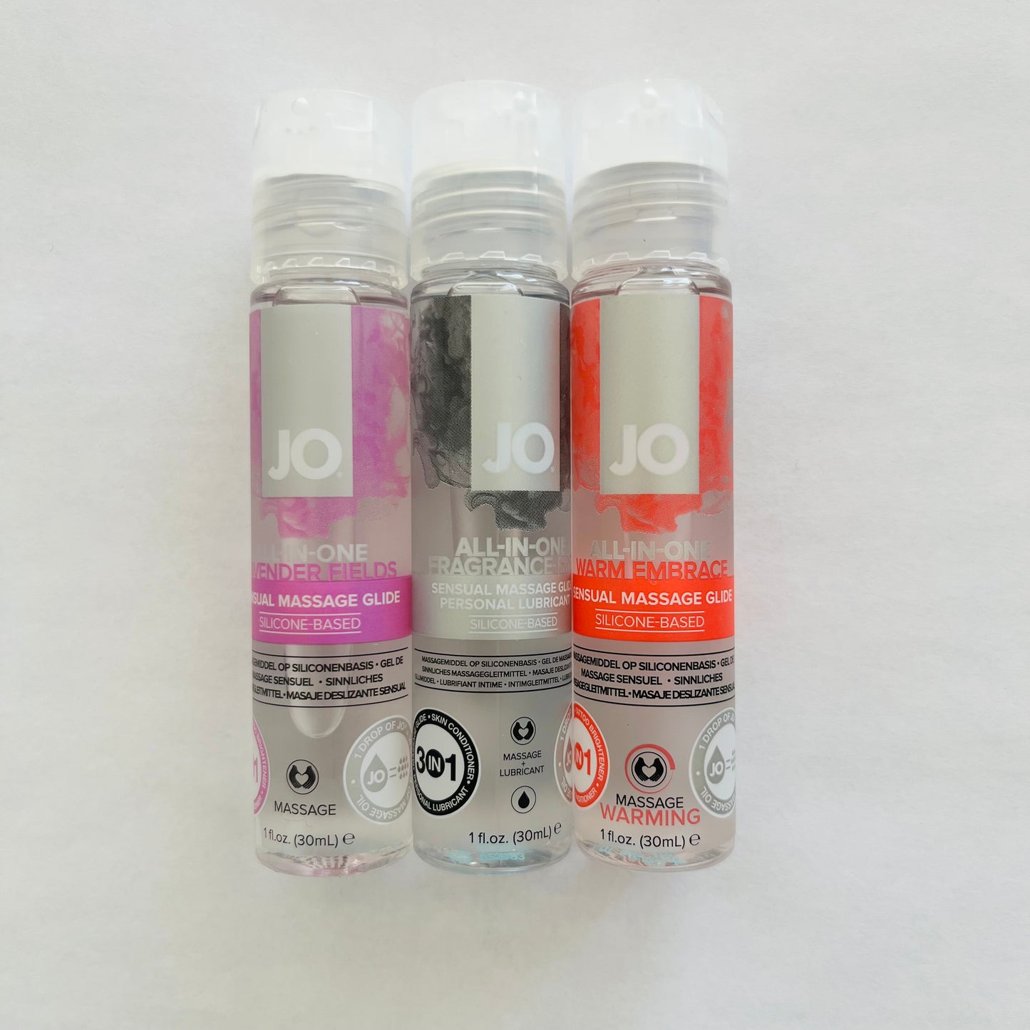 JO All-In-One Silicone Lubricant 3-Pack – Lavender Fields, Fragrance-Free & Warm Embrace (3 x 1 oz)