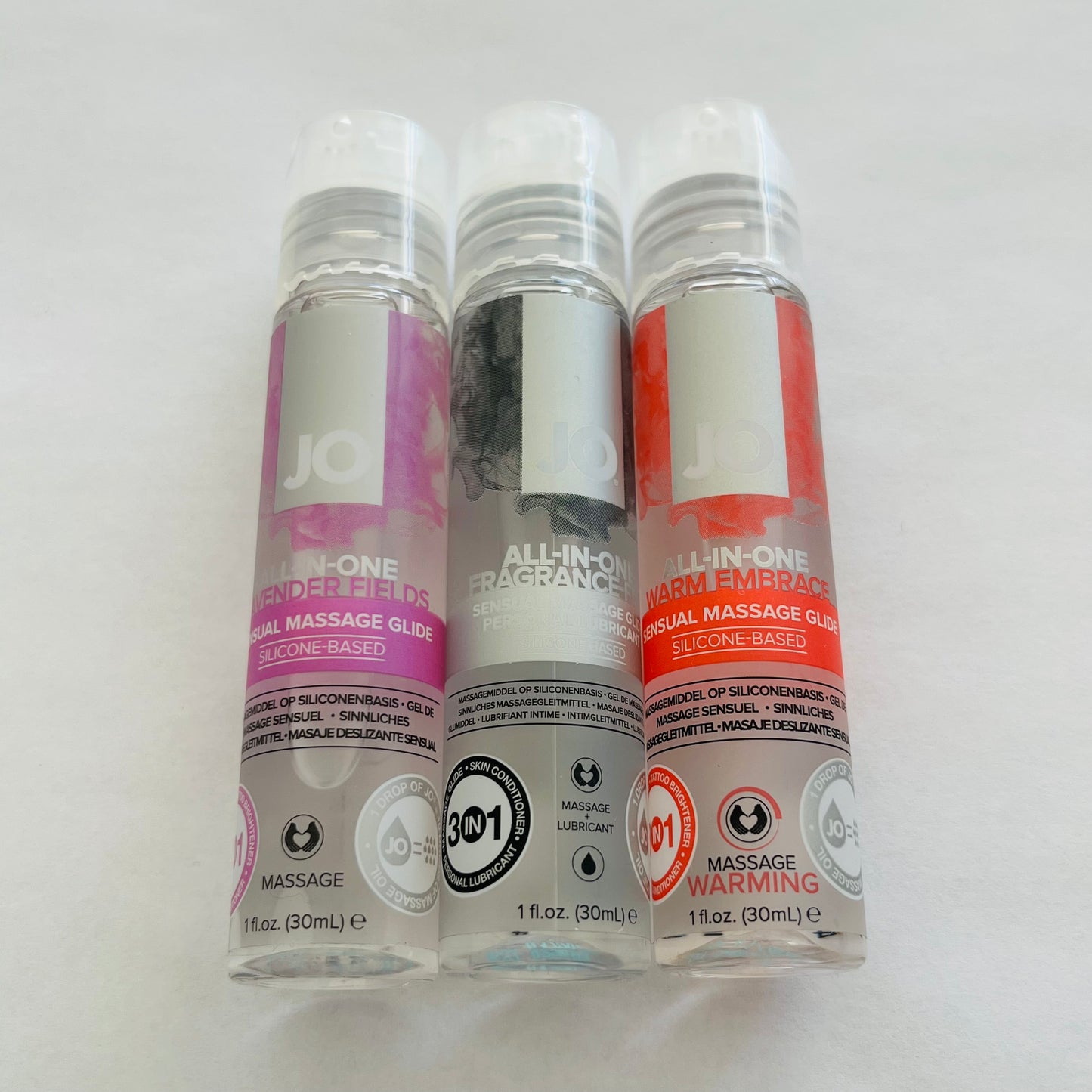 JO All-In-One Silicone Lubricant 3-Pack – Lavender Fields, Fragrance-Free & Warm Embrace (3 x 1 oz)