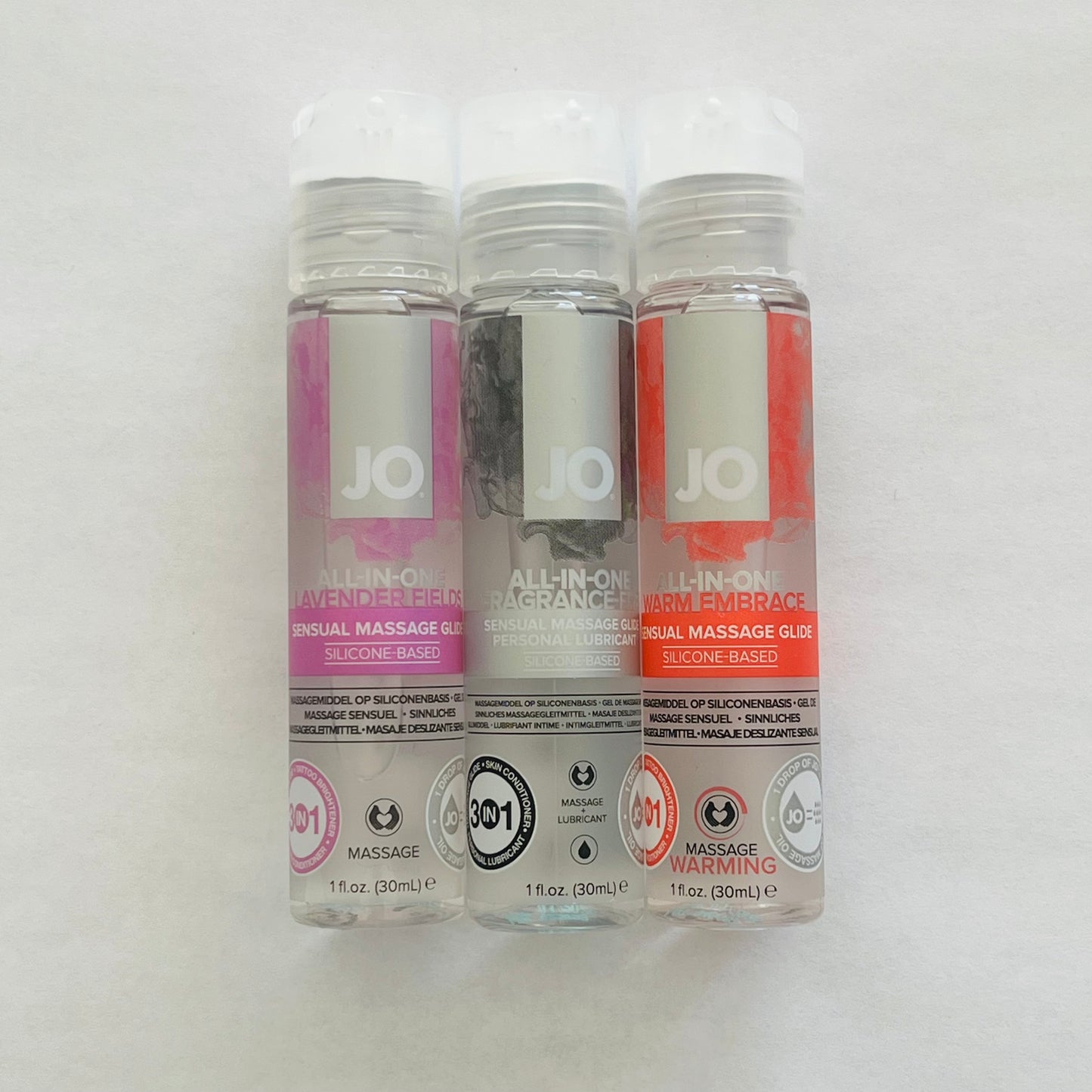 JO All-In-One Silicone Lubricant 3-Pack – Lavender Fields, Fragrance-Free & Warm Embrace (3 x 1 oz)