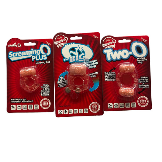 The image shows three packaged Screaming O vibrating rings. From left to right, the packages are labeled as 'Screaming O Plus Vibrating Ring', 'The Big O Vibrating Ring', and 'Two-O Pleasure Ring'.