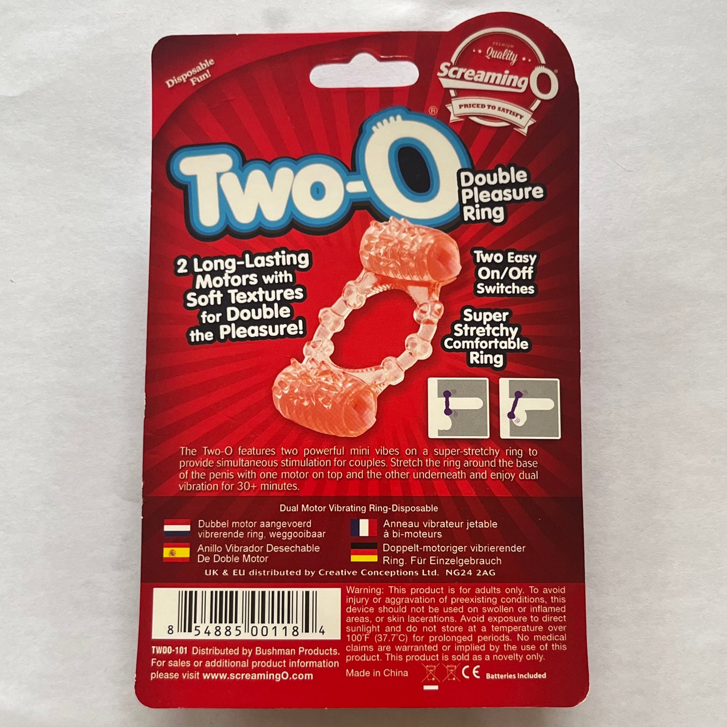 Red packaging of a 'Two-O Double Pleasure Ring' on a white background