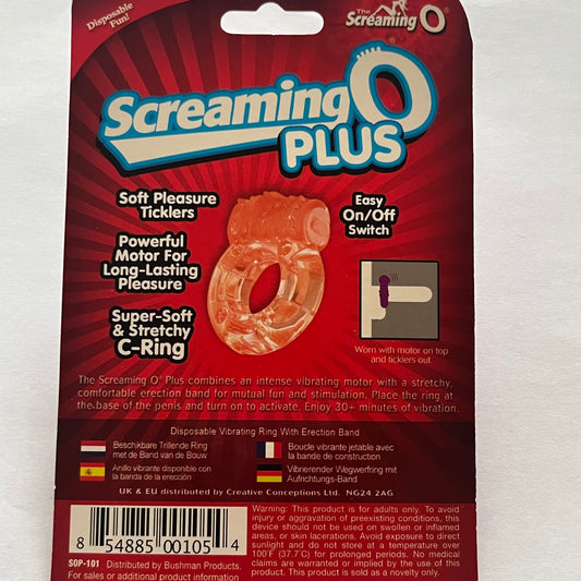 Screaming O Plus packaging with product details on a white background