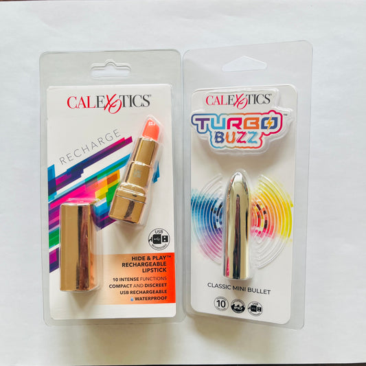 CalExotics Vibrator Bundle – Hide & Play Lipstick (Orange) and Turbo Buzz Bullet (Silver)