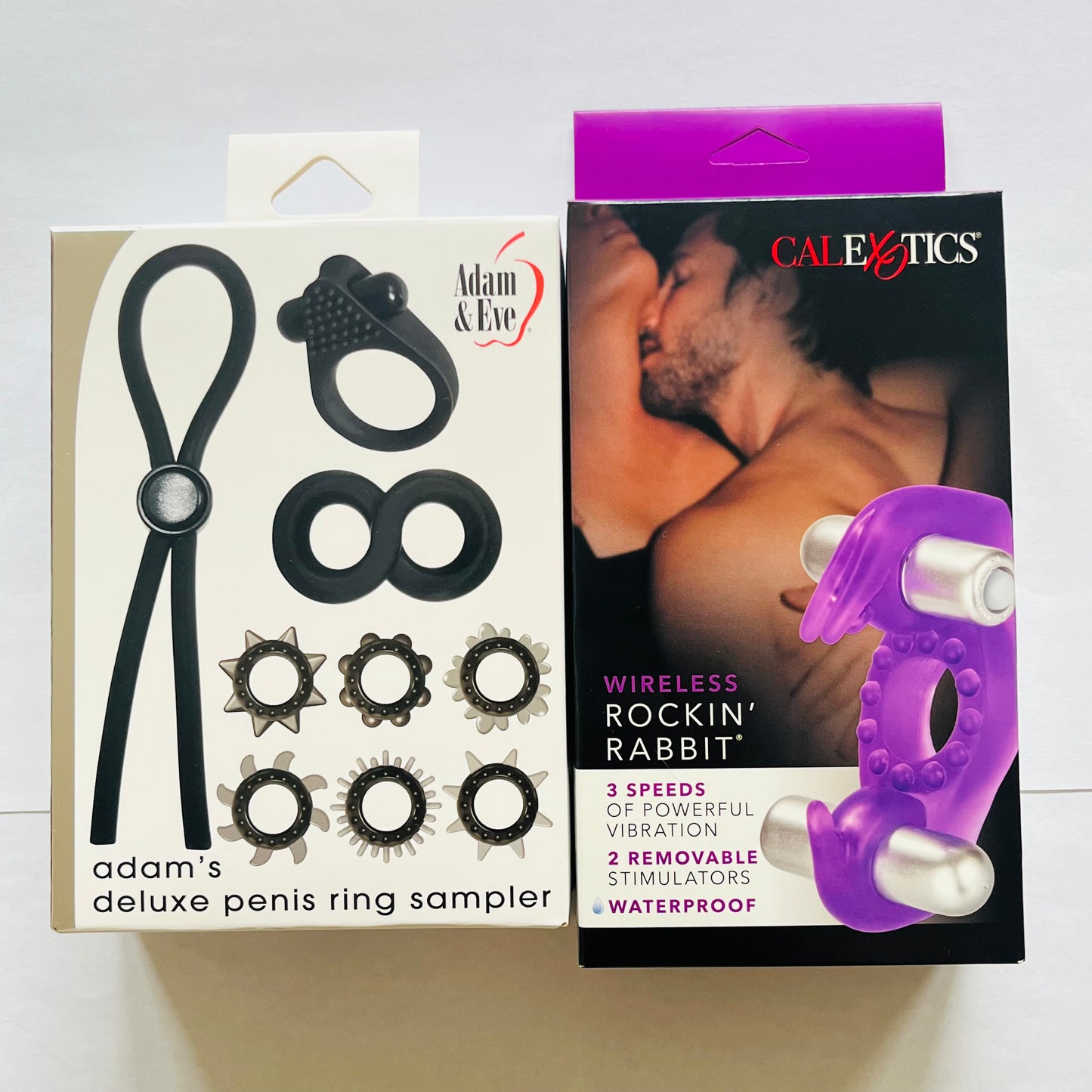 Bundles: Adam & Eve Deluxe Penis Ring Sampler Set & CalExotics Wireless Rockin' Rabbit Vibrating Couples Ring