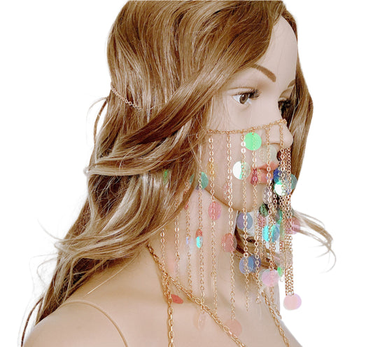 Sequin Chain Bra, Skirt & Face Veil Set – 3-Piece Festival Lingerie