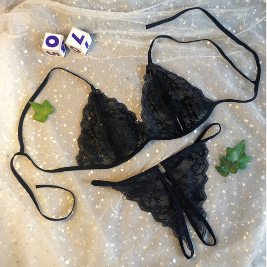 Black lace open cup and crotchless lingerie set