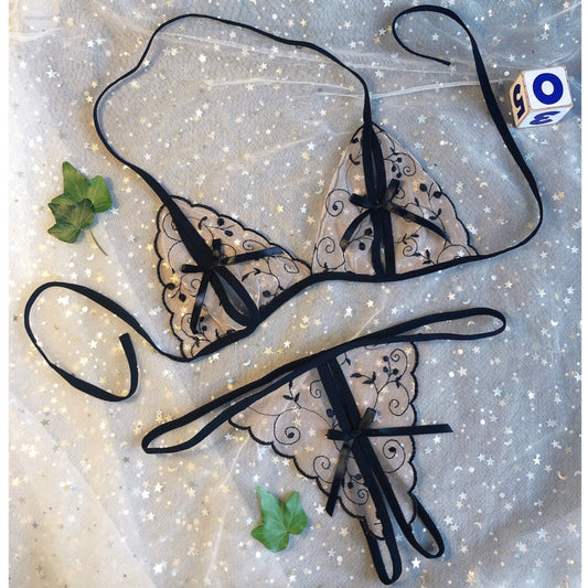 Sheer Embroidered Open Cup Lingerie Set