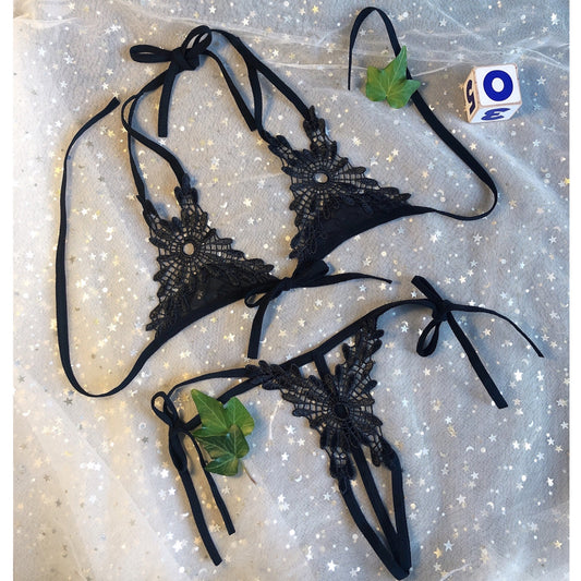 Black Floral Lace Tie-Up Open Lingerie Set