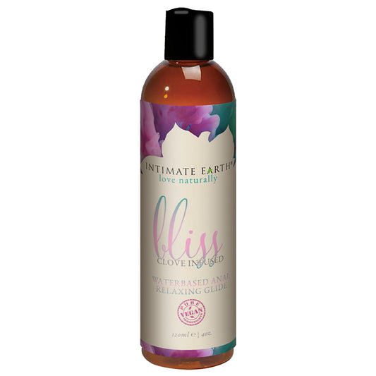 Bottle of Intimate Earth Bliss Anal Lube – Water-based formula with natural clove,