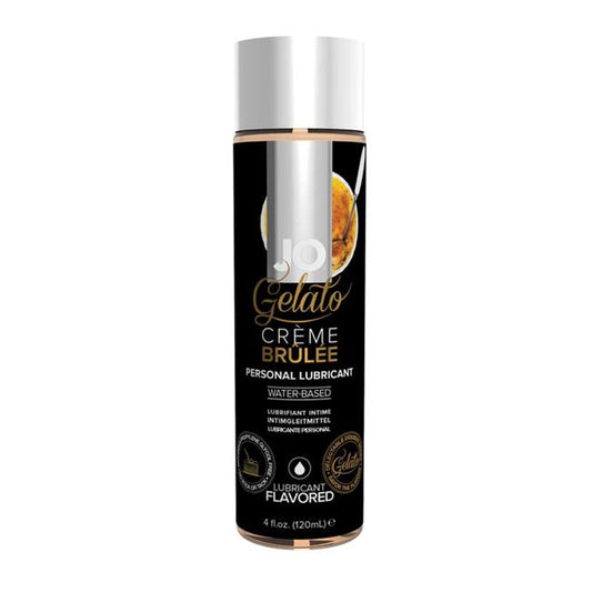 Pump bottle of JO Gelato Creme Brulee Personal Lubricant, 4oz size, with a black label and silver branding.