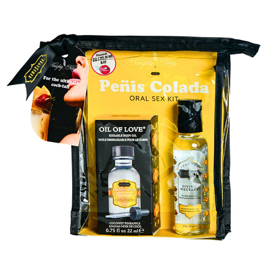 The image displays the Kama Sutra Penis Colada Cocktail Oral Sex Kit, an enticing set designed for enhancing oral sex experiences. The kit includes a Coconut Pineapple flavored warming body oil in a clear bottle with a black cap, and a Divine Nectars flavored lube and body massage glide in a smaller bottle.