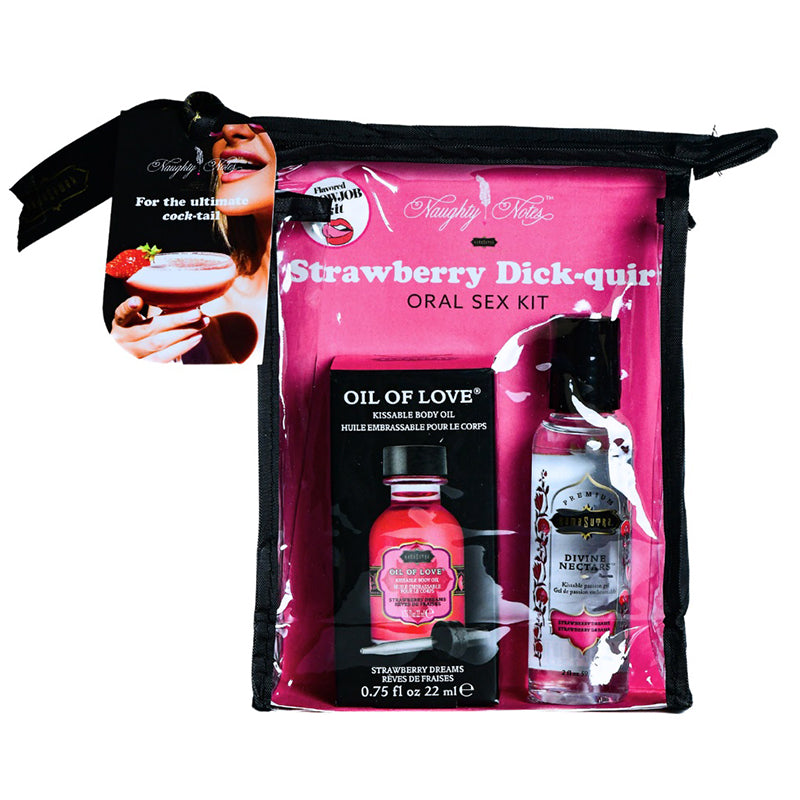 Kama Sutra Strawberry Dick-quiri Oral Sex Kit – Flavored lube and warming oil set with strawberry scent, sex position cards, and gift pouch