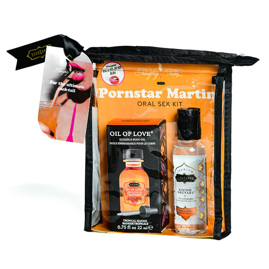 Kama Sutra Pornstar Martini Oral Sex Cocktail Kit – Tropical mango flavor set with lube, warming oil, position cards, and travel bag