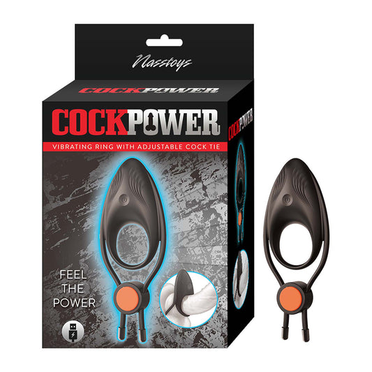 The image shows a black and silver Nasstoys Cockpower Vibrating Ring with an adjustable cock tie. It is displayed alongside its packaging, which highlights its key features, including 10 vibrating functions and a rechargeable design.