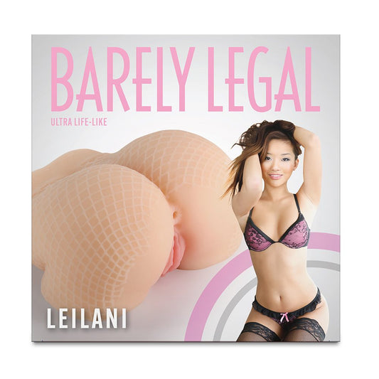 Product packaging for Leilani lingerie with a model and close-up of fabric.